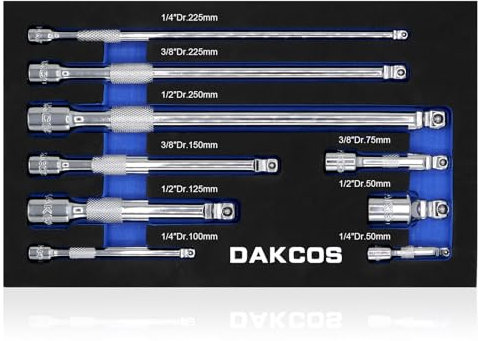 DAKCOS Jeu de 9 Rallonge Cliquet 1/4,3/8,1/2 à bascule en CR-V avec moletage longueur différente
