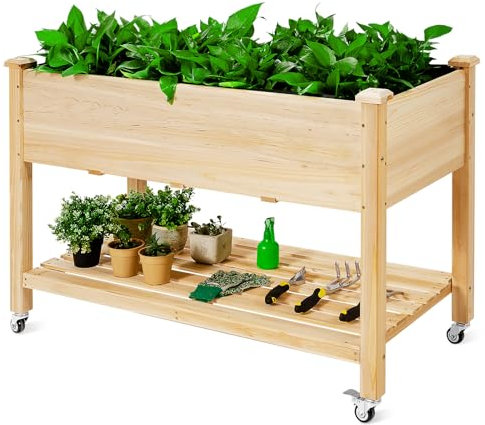 HOMASIS Jardinera de madera con ruedas y estante, jardinera para jardín, balcón, terraza, jardinera con agujeros de drenaje y forro polar, 120 x 59 x 84 cm