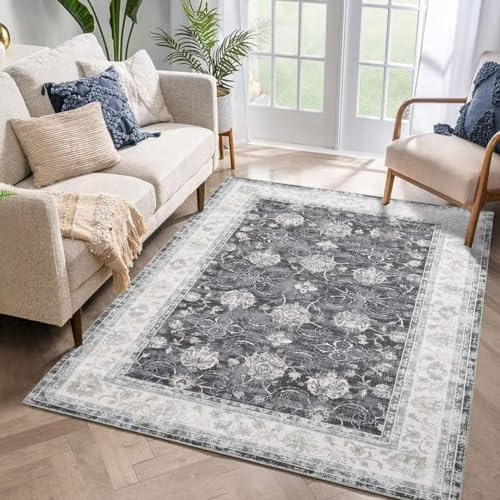 Auton Maschinenwaschbarer Teppich 80 x 150 cm, Vintage Design Teppich mit Rutschfesten Teppichen für Wohnzimmer Schlafzimmer Blumendruck Teppich Schmutzabweisend Heimdekoration Bürobereich, Schwarz