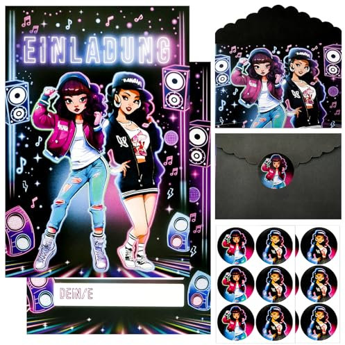 Hpbaggy Einladungskarten Kindergeburtstag,12 Einladung Kindergeburtstag Hip Hop Mädchen +12 Umschläge,10.5x15 cm Einladungskarten Geburtstag,mit eon Lila Blau Rosa Musik Party