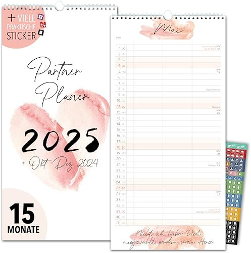Paarplaner 2025 3 Spalten LIEBE AQUA Planer für Zwei 2025 und Okt-Dez 2024 Partnerkalender 16x32,5cm Paarkalender f. Paare 2025 Wandplaner 2 Personen STICKER Recycling Urlaub, Pflanzkalender Love Herz