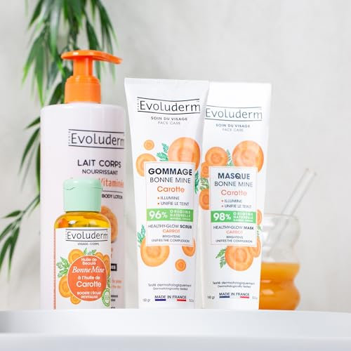EVOLUDERM – Routine Visage & Corps 100% Carotte – 1 Lait Carotte + 1 Huile de Carotte + 1 Gommage Carotte + 1 Masque Carotte – idée Cadeau - Fabrication Française