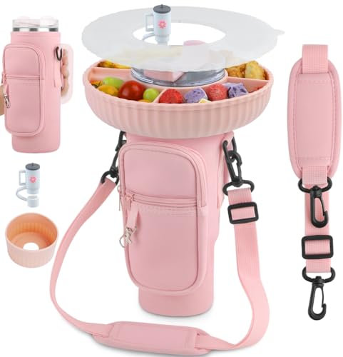 Cartlant Bag Holder with Snack Tray for Stanley 40 oz, Water Bottle Drink Carrier Pouch with Phone Pocket, Strap and Snack Bowl with Lid, Boot, Straw Cover for Stanley Cup Accessories (Pink)