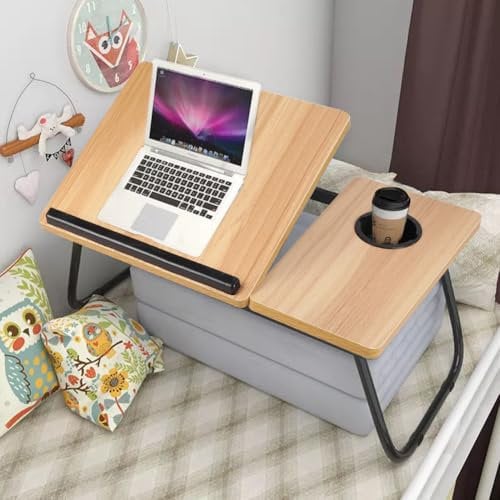 Warmiehomy Laptop Desk, Portable Laptop Bed Table with Foldable Legs & Cup Slot, Laptop Stand with Adjustable Height Angle, Laptop Table for Bed&Sofa, Laptop Bed Tray for Working/Studying, Maple