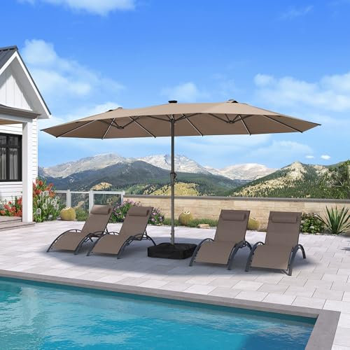 PURPLE LEAF Sombrilla de jardín exterior 455 x 270 cm de aluminio, gran sombrilla doble con LED y pie, para terraza, jardín, balcón y piscina, marrón, Modèle avec LED