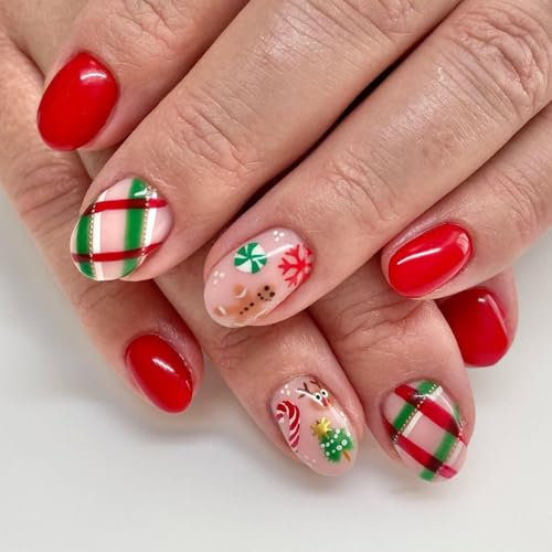 Christmas French Tip False Nails - 24pcs Press on Nails - Oval Fake Nails with Glue - Red Stick on Nails Snowflake Gingerbread Man Patterns - Full Cover Glue on Nails for Christmas Holiday Nails Art
