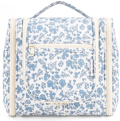 Narwey Groß Kulturbeutel Damen & Herren - Kulturtasche Zum Aufhängen, Kinder Kosmetiktasche - Waschtasche für Frauen & Mädchen (Kleine Blaue Blume, Groß)