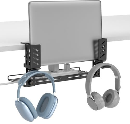 KDD Desk Side Laptop Mount - 3 in 1 Adjustable Laptop Holder with Cable Management Tray & Headphone Hanger and Cable Ties, No Drill Clamp on Desk Storage Set Suitable for Tablet/Headphone