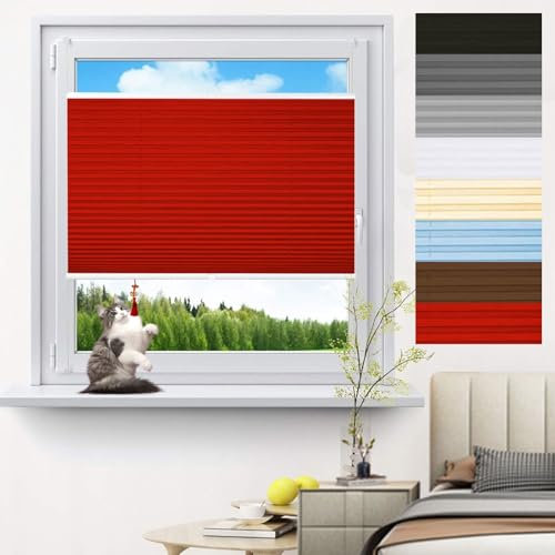 Plissee Klemmfix Ohne Bohren 70 x 180 cm Sonnenschutz, Lichtdurchlässig Faltrollo Easyfix Rollos Inkl. Aller Montage-Teile für Fenster Und Tür, Rot
