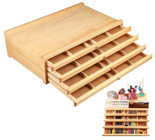 Caja de Almacenamiento Para Pinceles, Caja Organizadora de Suministros de Artista de Madera Con 4 Cajones Extraíbles, Caja de Almacenamiento de Arte de Pino Premium Para Lápices, Bolígrafos Y Pinceles