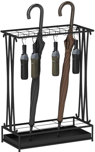 HOMCOM Regenschirmständer Stahl Schirmständer Rechteckiger Schirmhalter mit 24 Haken, 21 Löchern, herausnehmbare Wasserauffangschale für Gehstöcke & Regenschirme 50 x 24 x 68 cm Schwarz