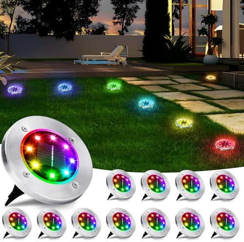 PhilzOps Lumière Solaire Extérieur, Lot de 12 Lampe Solaires Au Sol Décoration de Jardin 8 LED Etanche Spot Solaire Extérieur Éclairage pour Chemins Pelouse Terrasse Cour, RGB Changeant de Couleur
