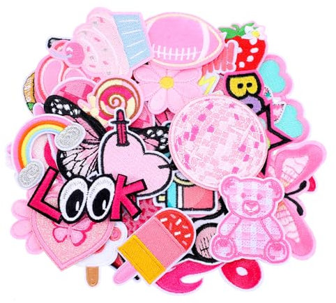 Telooco 45Pcs Iron on Patches, Patches for Clothing,Patches for Hats,Pink Preppy Embroidered Sew on Patch for Backpacks, Clothes,Hat, Jeans