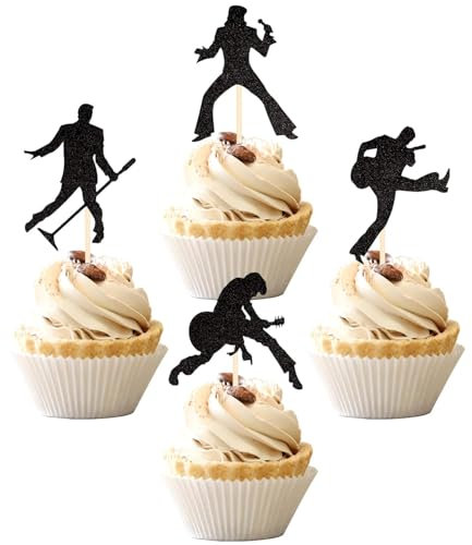 24 Stück Rock Band Cupcake Toppers Glitzer Schwarz Rock Pop Musik Thema Tortendeko Musik Konzert Kuchen Deko für Geburtstag Party Kuchen Dekorationen
