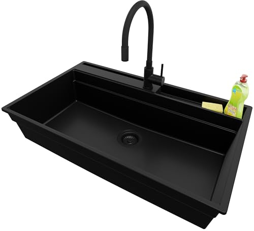 PRIMAGRAN Evier Cuisine en Granit Tout Noir 88x53cm, Lavabo 1 bac + Kit de Vidage, Évier à Encastrer al mueble 90cm - Oslo Pocket S288