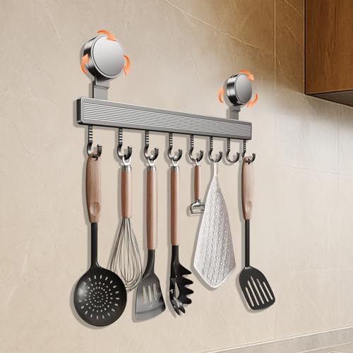 Zyluniy Listello con Gancio da Cucina Senza Foratura, Porta Utensili da Cucina con Ventosa 40 cm Portautensili Cucina con 8 Ganci Barra Portautensili Cucina Capacità di Carico Fino a 20 kg