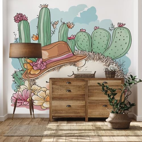 Yidbhsse Niedlich Igel 3D Effekt Tapete 350x256 cm, Tier Kaktus Wandtapete Wohnzimmer Wanddeko, vliestapete Cute Cartoon Fototapete Schlafzimmer, Motivtapete