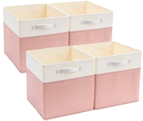 Mangata Aufbewahrungsbox 25x25x25 cm, faltenfrei Stoff Aufbewahrungskörbe für Kleiderkörbe, Körbe, Truhen, Spielzeug (4 er, Rosa / Beige Weiß)