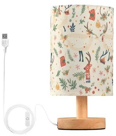 FRODOTGV Lampade rotonde per comodino, motivo natalizio con renna, luce LED con porta USB per dormitorio, soggiorno, ufficio, camera dei bambini, cameretta dei bambini