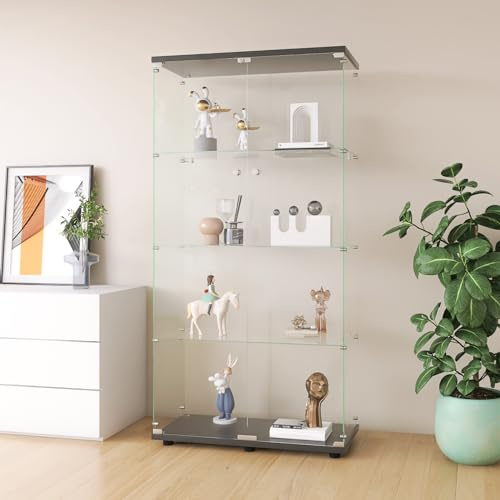 FEEOHOME Glasvitrin, samlingsvitrin, transparent fristående vitrin i härdat glas, modernt härdat glas 4 hyllor med 2 dörrar, för vardagsrum och sovrum, kontor, 80 x 36 x 164 cm (svart)