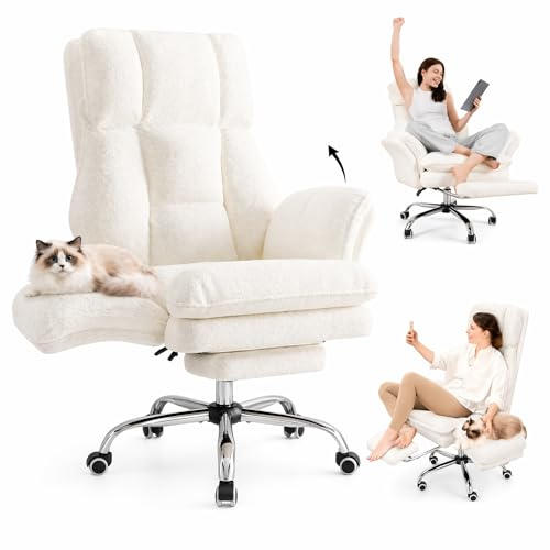 HOMRELEXA Silla de Oficina Ejecutiva Ergonómica Grande y Alta, con Reposapiés, Reposabrazos Abatibles y Respaldo Alto, Felpa de Pelo Rizado - Blanco