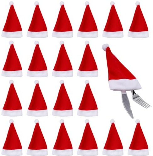 LAKPYN 20 Mini Chapeaux De Père Noël,Pochette Porte-Couverts - Mini Bonnet De Noël - Décoration De Table De Noël Pour Dîners & Fêtes