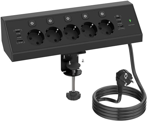Regleta Enchufes Proteccion Sobretension, Toma de Mesa con USB C 20W, Regleta Escritorio 5 Tomas con Interruptores Individuales, Enchufes Multiple para Cocina Oficina, 1.8M Cable, Negro
