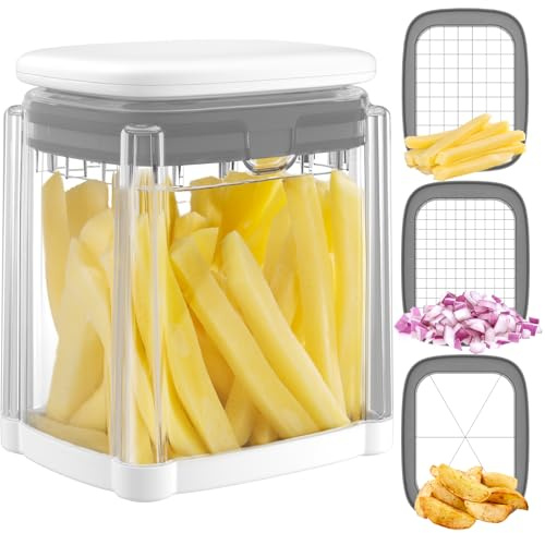 Vihoom Affetta Patate, Taglia Patate con 3 Lame in Acciaio Inox, Tagliapatate a Bastoncino, Affetta Verdure Multifunzioneper per Patatine Fritte, Cetrioli, Carote, Cipolle e Frutta(Bianco)