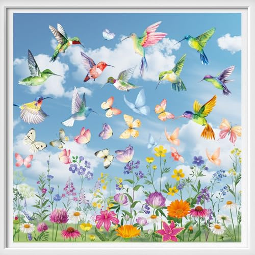 BBLIKE 9 Blätter Frühling Fensterbilder - Kolibri Blume Selbstklebend Doppelseitig Bedruckt Fenstersticker, Wiederverwendbare Fensterbilder für Fensterdeko