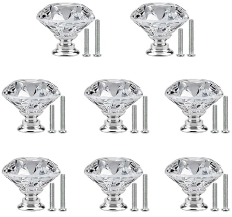 PERSENTU 8PCS Crystal Drawer Knobs, 30mm Drawer Handles Crystal Glass | Diamond Shaped Wardrobe Door Handles,Cupboards Door Knobs for Dresser Drawers, Kitchen, Bathroom Cabinet, Office