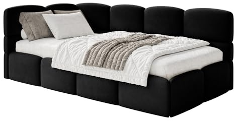 Selsey Jugendbett 120x200cm Schwarz mit Matratze und Lattenrost, gepolstertes Polsterbett mit Stauraum und Bettkasten, Jugendbett linksseitig mit Eckkopfteil, Kinderbett 120x200 für Jugendzimmer