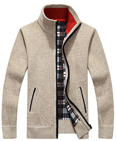 Yeokou Men's Casual Slim Full Zip Thick Knitted Cardigan Sweaters with Pockets(X-Large, Khaki001)