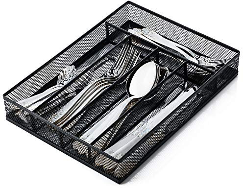 JANE EYRE Utensil Drawer Organizer, Cutlery Tray Silverware Flatware Storage Divider for Kitchen, Mesh Wire with Non-slip Foam Feet, 5 Component, Black
