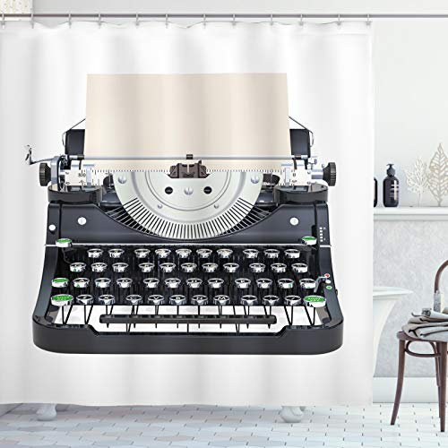 ABAKUHAUS Schreibmaschine Duschvorhang, Alte mechanische Tastatur, Stoffliches Gewebe Badezimmerdekorationsset mit Haken, 175 x 180 cm, Grau