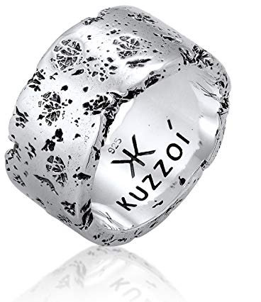 Kuzzoi Herrenring (12.5 mm) Massiv Handgeschmiedet, Bandring für Männer aus 925 Sterling Silber, Silberring gehämmert oxidiert, Ring im Rustikal Look, Ringgröße 64, 0602552120_64