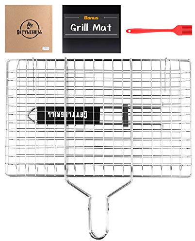 Cattlegrill faltbarer Grillkorb für Fische, Steak, Kebab, Gemüse und Burger - Grillset beinhaltet: eine wiederverwendbare Grillmatte und einen Backpinsel.