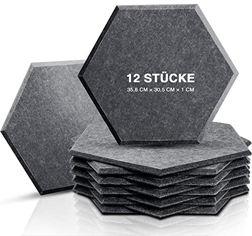 12 Pack Set Hexagon Acoustic Absorption Panel, 12 X 14 X 0.4 Inches Acoustic Soundproofing Insulation Panel Beveled Edge Tiles, Great for Wall Decoration and Acoustic Treatment (Dark Grey)