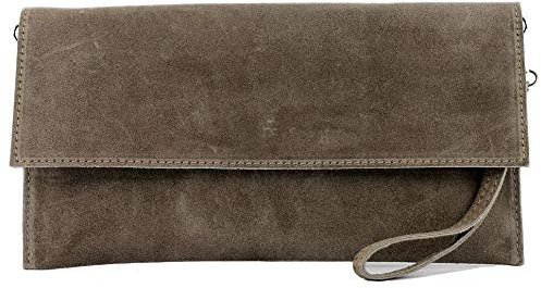 modamoda de T151 Damen Wildleder Rauleder Clutch Umhängetasche Abendtasche handmade in Italy, Farbe:Stone