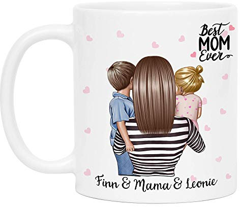 Kiddle-Design Mutter Kind Tasse Personalisiert Name und Frisur Mama Kinder Sohn & Tochter Baby Geschenk Kaffeetasse für Mütter Muttertag Geschenk