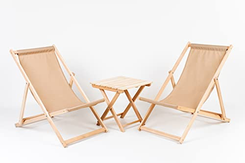 Merino Wool Set 2X Lounger + Table Traditional Line Liegestuhl Sonnenliege Klappbar, Gartenliege Rückenlehne verstellbar leicht klappbar Garten Balkon Strand Holzklappstühle Naturholz Lounger (Beige)