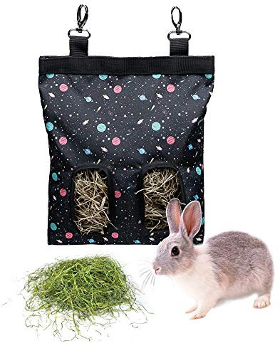Kaninchen Heutasche Meerschweinchen Futterstation Futterspender Kleintiere Heutasche Futtersack für Hase Chinchilla Hamster Kleine Tiere (2 Fenster, Muster Schwarz)