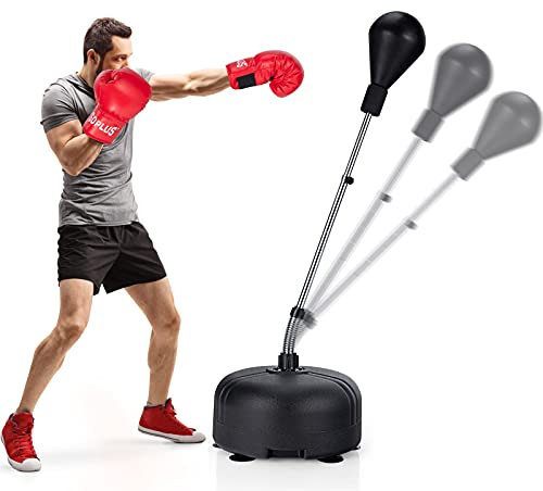 COSTWAY Punching Ball sur Pied Réglable en Hauteur 140-158 cm avec Gants Sac de Frappe Boxe Base Lesté avec Ventouses pour Enfants/Adultes Noir