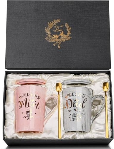 Doublewhale New Parents Gifts, Mum and Dad Mugs, New Mummy and Daddy Gifts, Anniversary Birthday Gift from Daughter Son, 14OZ Gold Print Ceramic Coffee Cup Set with Spoon Lid Card, Nice Gift Box