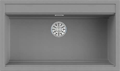 EVHOC Lavello Sopratop DESIDERATA L, 1 Vasca, Lavandino in Kuarzite Vasca Unica per Cucina, Fascia Miscelatore Preforata, Made in Italy, Grigio Cemento, 86x51 cm