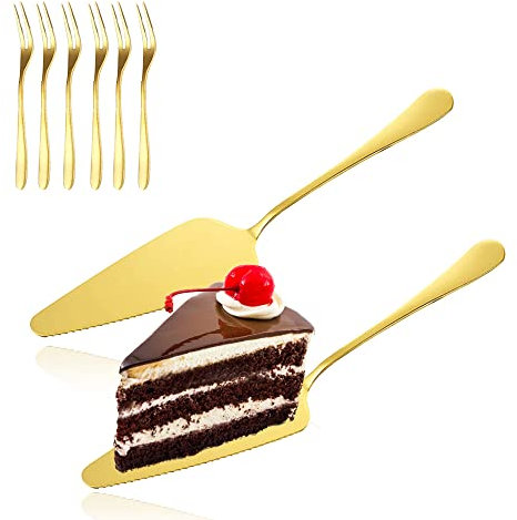 Pala per Torta, 2 Pezzi Acciaio Inossidabile Server Paletta, Server Posate Pala, Paletta per Torta, Torta Giro Pala, Servito con 6 Forchette per Torta, per Cucina, Sala da Pranzo e Feste, Oro