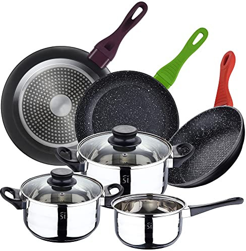 San Ignacio PACK BATERÍA DE COCINA 5 PIEZAS JUEGO DE 3 SARTENES DE 20/24/28CM, Cromado Y Multicolor, PK4904