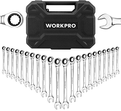 WORKPRO 22 PCS Ratchet Combination Wrench Set with Tool Box, Mirror Polish