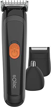 Solac CP7397 Pourpose Gesichtsrasierer und Körperhaarentferner, multifunktionaler Profiler, Haarschneider bis 12 mm, Edelstahl-Klingen, mit Akku, 60 min, inkl. Aufbewahrungstasche, Schwarz