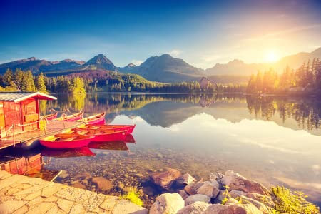 adrium Holz-Bild 120 x 80 cm: Fantastischer Bergsee im Nationalpark Hohe Tatra. Strbske pleso, Slowakei, Europa. Dramatische ungewöhnliche Szene. Welt der Sch (54994135)