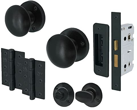 EAI Black Bathroom Door Knob Set - 1 Pair of Matt Black Victorian Mortice Knobs (55mm), Lock (80mm) & Hinges (76mm)